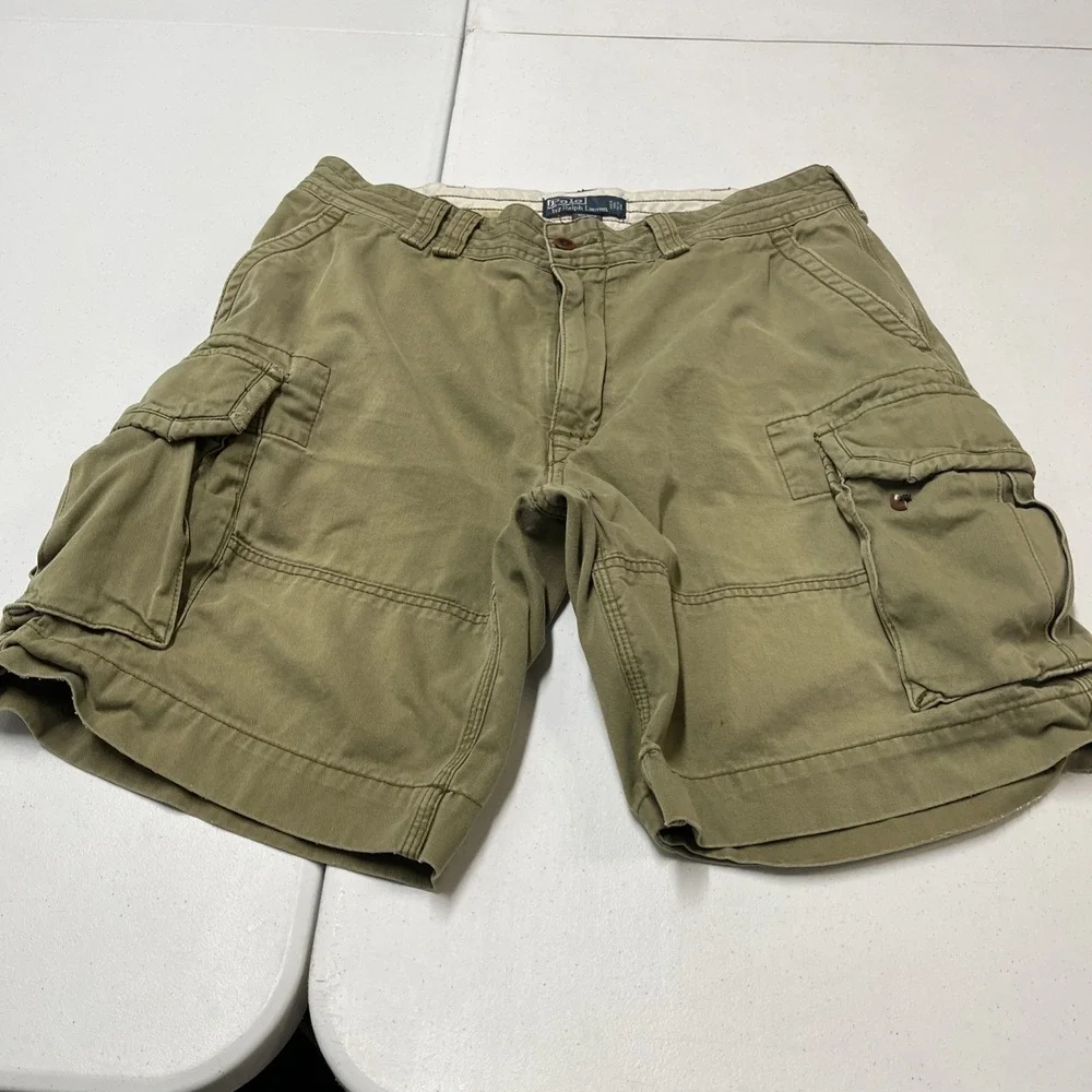Polo Ralph Lauren Shorts Heavy Weight Cargo Khaki‎ Size 36 Baggy Y2K Utility